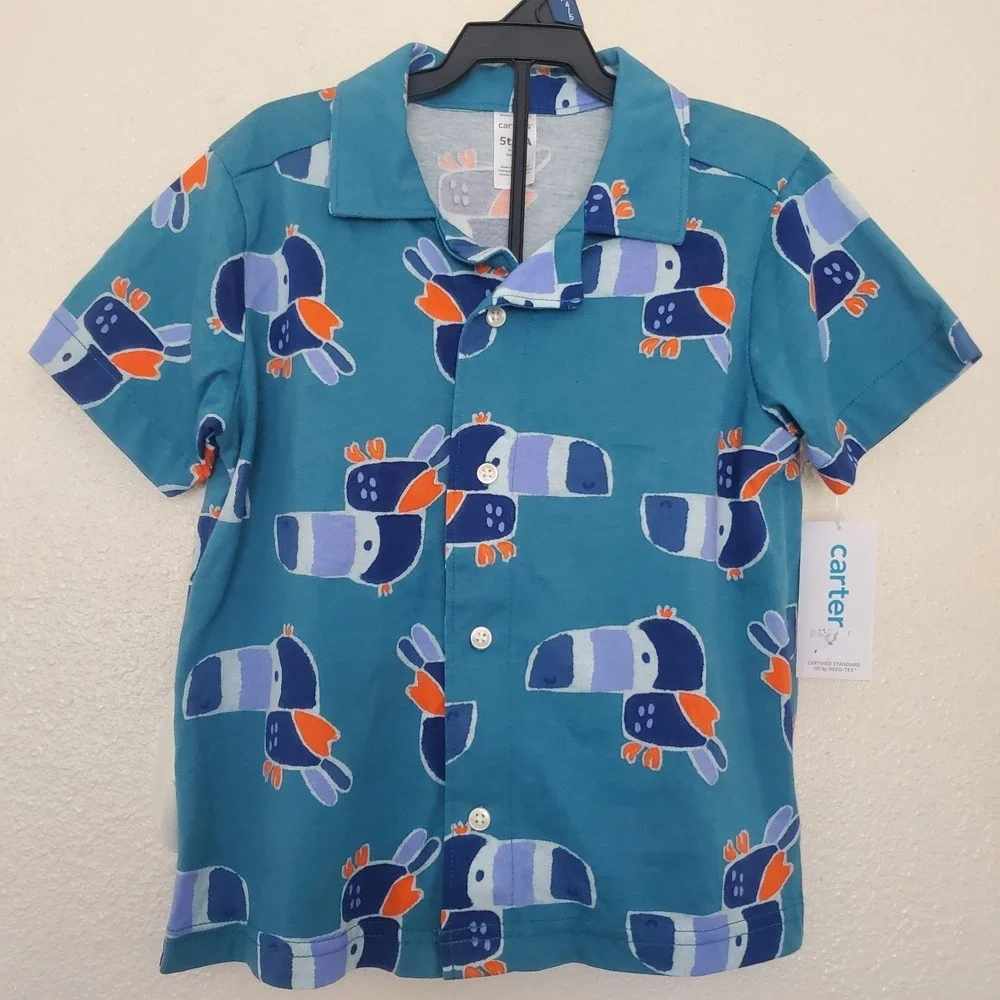 Toddler Boy Carter's Bird Button-Front Shirt Size 5T Oeko Tex Parrot Blue